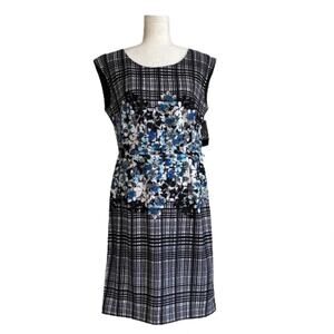 New York & Co Dress Black Blue Floral Stripe Sleeveless Career Dress Size 10 NEW